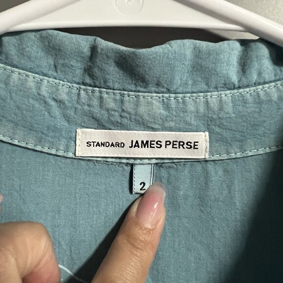 Standard James Perse Contrast Panel Rolled Sleeves V-Neck Button Shirt Blue 2 - Picture 7 of 9